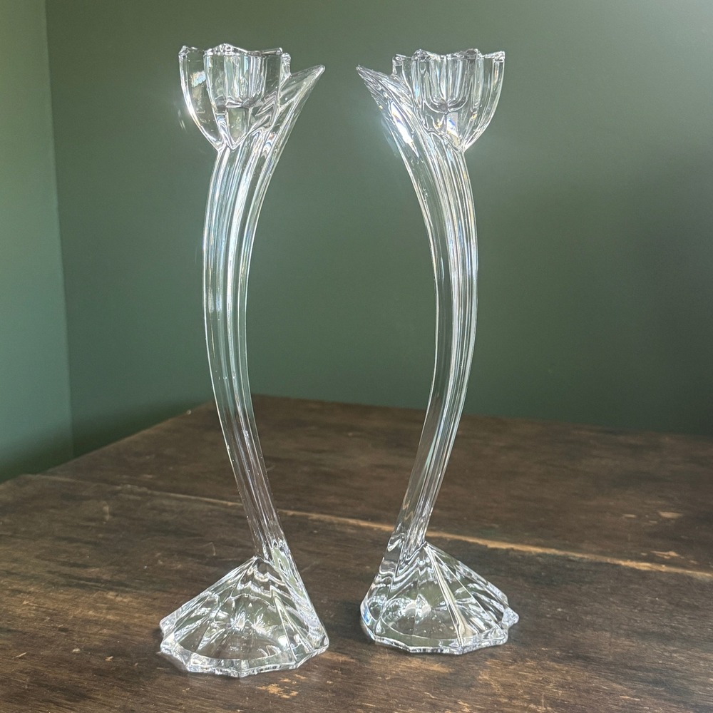Pair Vintage Mikasa Crystal Flower Song Curved Tulip Glass Candlestick Holders